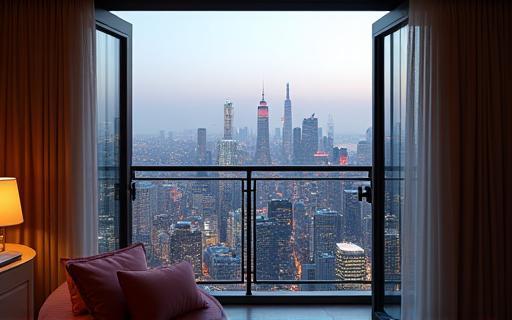 View from a luxury hotel room balcony overlooking a city